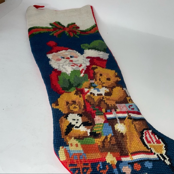 Vintage Christmas Stocking Santa Wool Needlepoint Cotton Backing - Picture 11 of 13